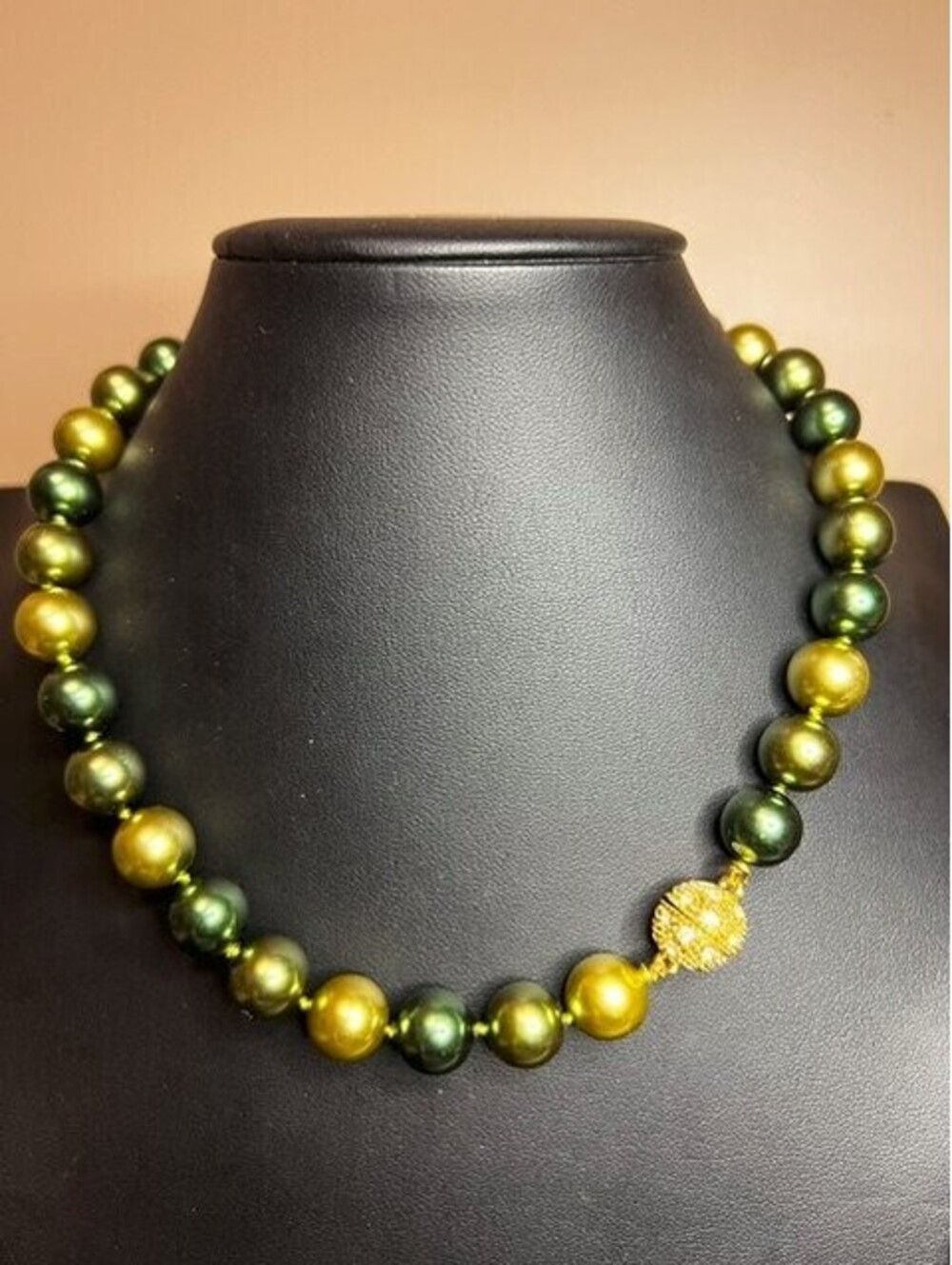 B5596 KISSAKA Two-Tone Green Gold Glass Pearl Necklace 16" Choker Rhinestone 17"